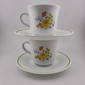 Vintage, Meadow, White Floral Cups & Saucers, Corelle by Corning, Set of 2
